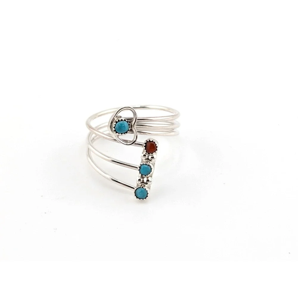Navajo Turquoise Coral Multi Band Bypass Ring Sterling Sz 6.75US
